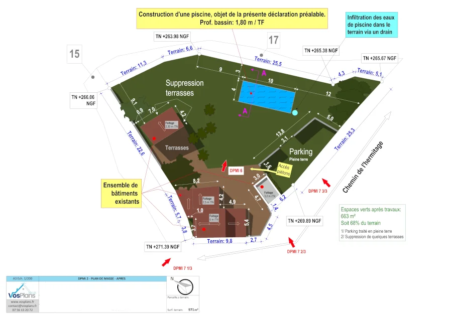 déclaration préalable pour une piscine, exemple plan de masse, VosPlans
